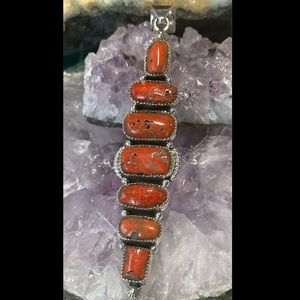 Mediterranean coral super long 4 inch sterling silver pendant